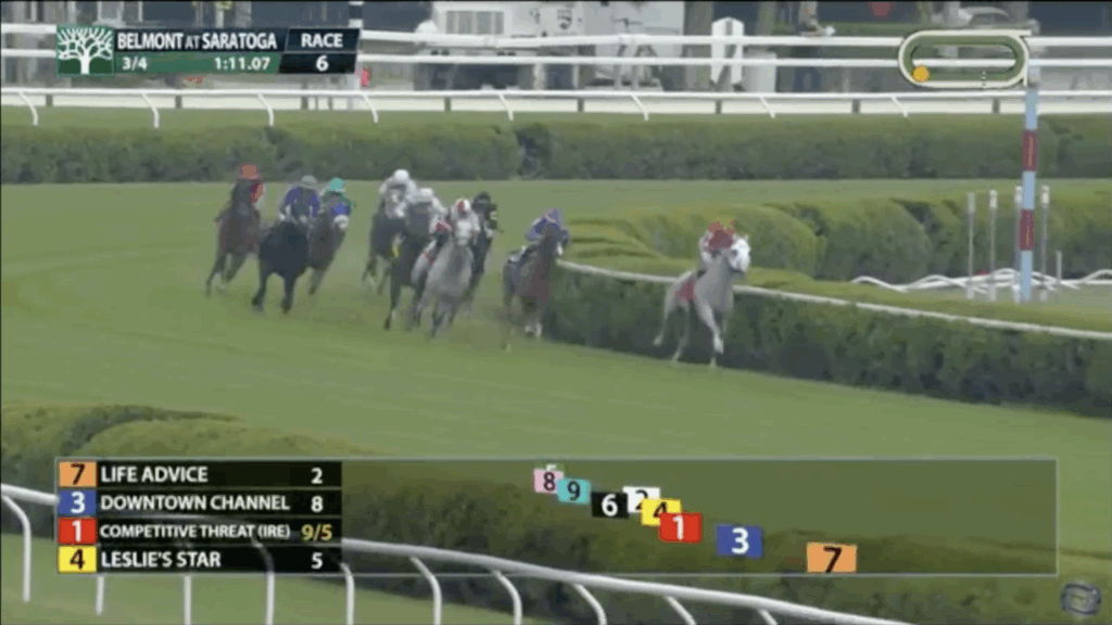 Life Advice leads at the top of the stretch at Saratoga